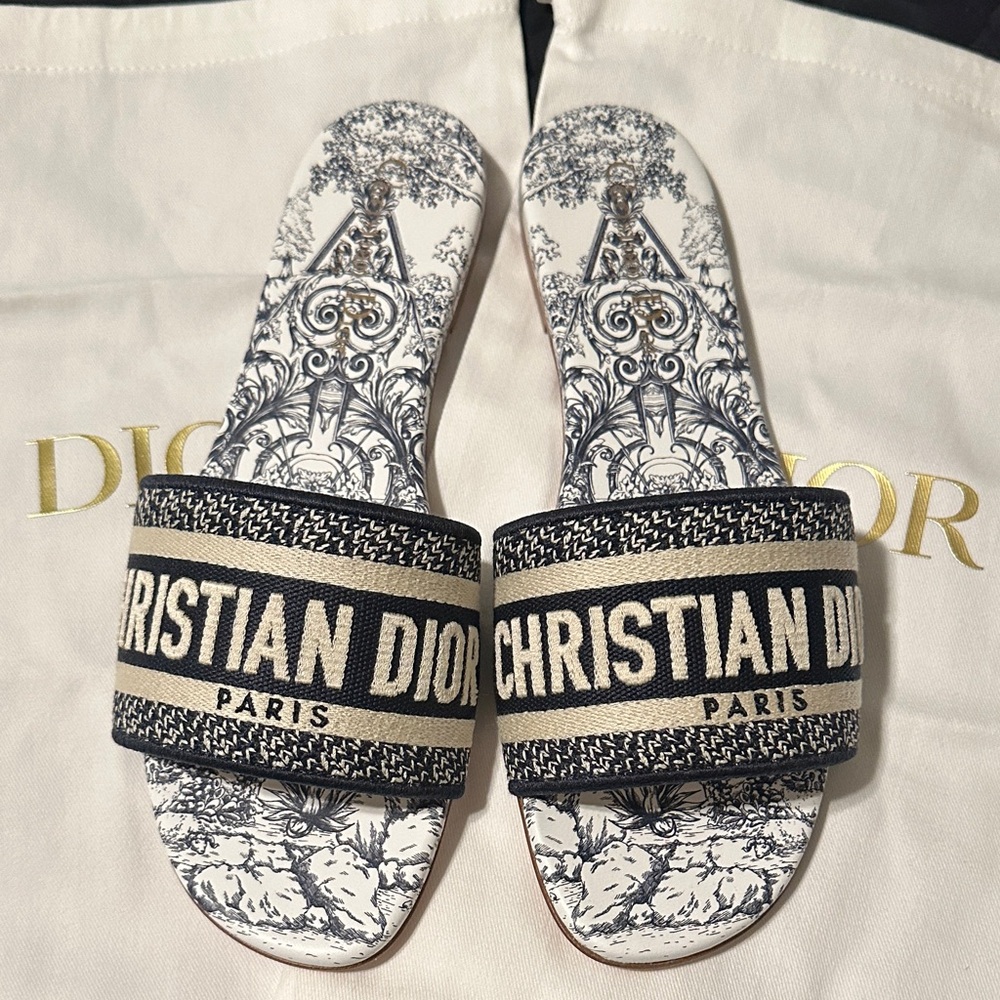 Dior white and deep blue slides
